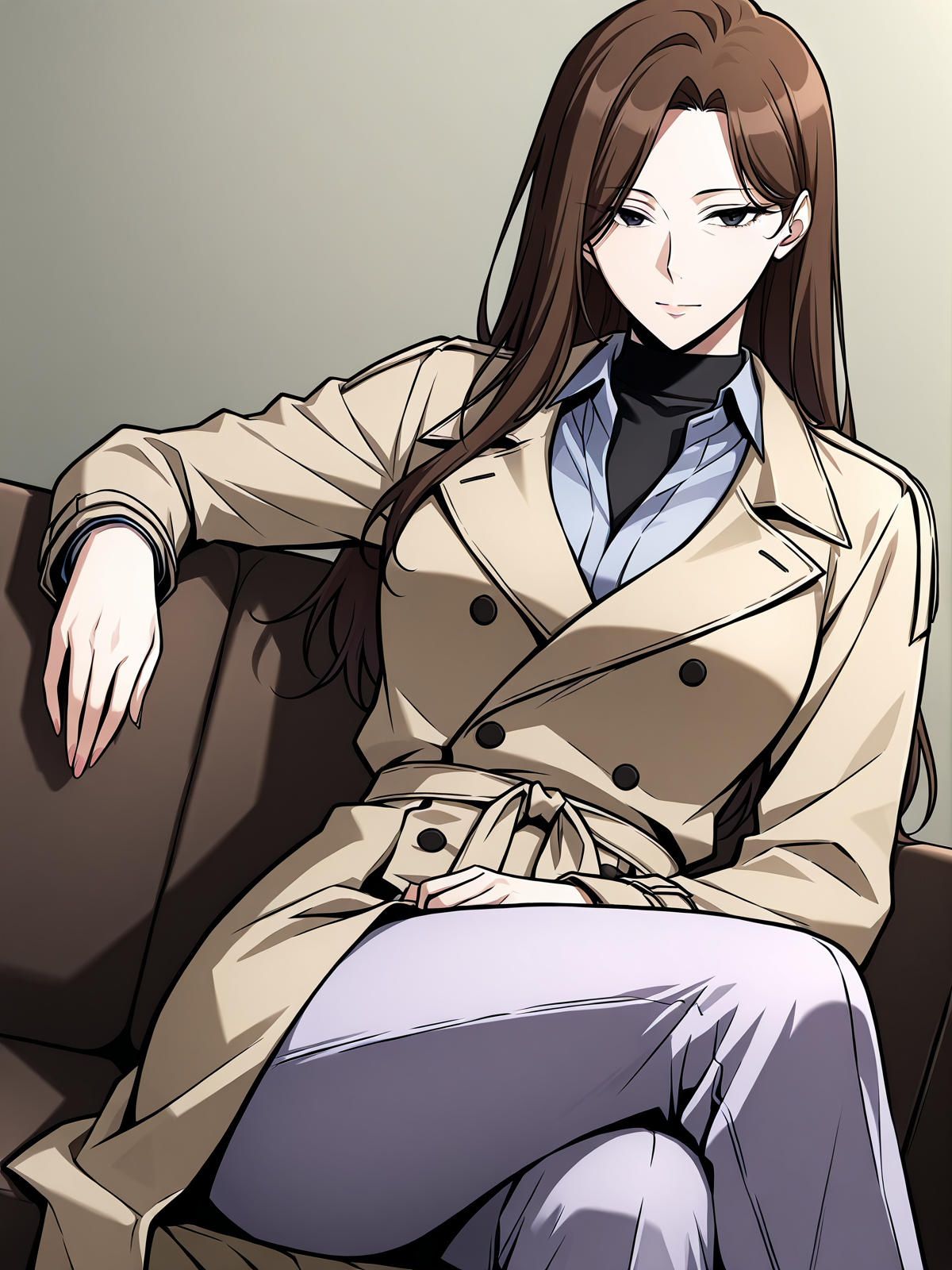 <lora:Omniscient_Readers_Viewpoint__Lee_Sookyun:1>
1 girl, solo, long hair, brown hair, straight hair, center parted hair, black eyes, mature female, 
beige trench coat, long coat, double breasted coat, tied waist belt, black undershirt, navy dress shirt, lavender pants, white slip-on shoes,
(Anime_source),Masterpiece,(perfect female body:1.2), small waist,(incredibly detailed:1.4), looking at viewer, sitting, crossed legs,