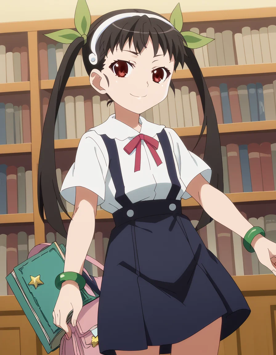 score_9, score_8_up, score_7_up, source_anime, <lora:mayoi-hachikuji-offmonster-ponyxl-lora-nochekaiser:1>, mayoi hachikuji, long hair, black hair, red eyes, ribbon, twintails, hair ribbon, hairband, anime screencap, skirt, jewelry, bag, star (symbol), bracelet, suspenders, green ribbon, suspender skirt,, bookstore, books, shelves, reading, quiet, , <lora:seductive-smile-ponyxl-lora-nochekaiser:1>, seductive smile, come hither, naughty face,, looking at viewer, solo,, dutch angle, cowboy shot