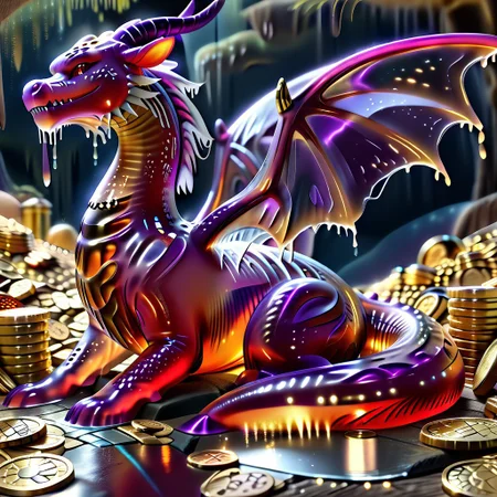 1dragon, highly detailed deep purple dragon, deep purple dragon made out of slime, scaly deep purple slime dragon, slime dragon with red eyes, deep purple slime dragon laying in its hoard, blue slime dragon with wings, dragon wings, detailed claws, detailed feet, detailed tail,
multi-colored gems made out of slime, in a room of treasure made out of slime, gold coins and bars made out of slime, piles of coins, piles of gold slime coins, piles of gold slime, tiny gold slime coins, no large coins, no medium coins, only tiny coins,
treasure-room, treasure, gemstone, coins, gold bars, gold pile, 
everything made of slime, No simple background,
((translucent slime)), ((transparent slime)), (bioluminescent slime), sl1m3, slime, ais-blmn, watce, je11y, thickwater, great lighting, ral-lava, even lighting, no bright spots, saturated colors,