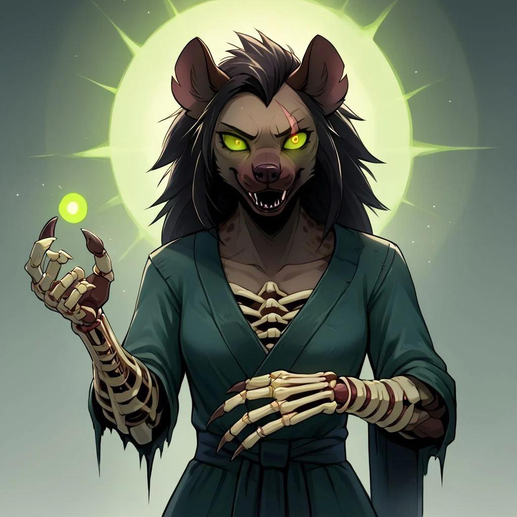 Solo, female, gnoll, black rotting fur, messy fur, glowing green left eye, blind right eye, scar over right eye, skeleton hands, claws, necromancer robe, undead, eldritch, hyena humanoid, ugly green magic in skeleton hands, hyena anthro, undead anthro,
