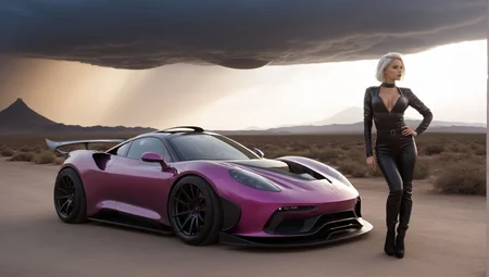 Robin_Hare, (masterpiece photo of 1girl standing in front of vehicle:1.3) ,full body wide angle cinematic shot [standing on path leading to alien city under glass dome], surreal purple sky,(standing woman holding tablet device:1.3), (vehicle focus:1.3),alien planet, surreal desert terrain, arm extended holding tablet, standing next to widebody++ cyberpunk++ prerunner rally offroad car style of (Giorgetto Giugiaro:1.2), (style of Gordon Murray:1.4), (style of Horacio Pagani:1.1),dark stormy clouds paintjob wrap, [alien sky], (magenta and black cloudy skies storms intricate details depth shadows), [ringed planet in distance], dust trails, dust devil <lora:Drone_Cars_XL:0.9>, (pale, 24 years old, cleavage, skinny waist, young european woman, futuristic fashionista:1.5), utility belt, map, (backlit sliced bob medium center part white hair:1.3),form-fitting high tech racesuit with neon magenta accents that highlight her silhouette,(dragon scale leggings:1.1), volumetric lighting