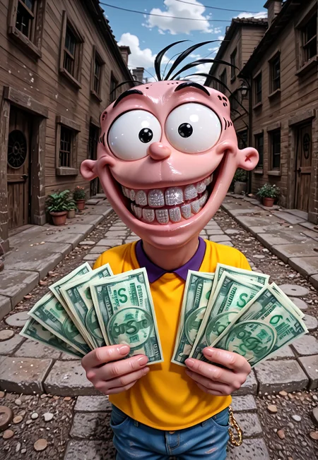 masterpiece, absurdres, highest quality, highly detailed, 1boy, solo, (eddyboy:1.2), (sc4m:1.2), yellow shirt, blue jeans, three hairs, jboogx-Grills-IL.V1.0 teeth, grills, braces, iced out, (shiny teeth:1.3), fake teeth, smile, money, holding, holding money, houses in background, detailed background, 