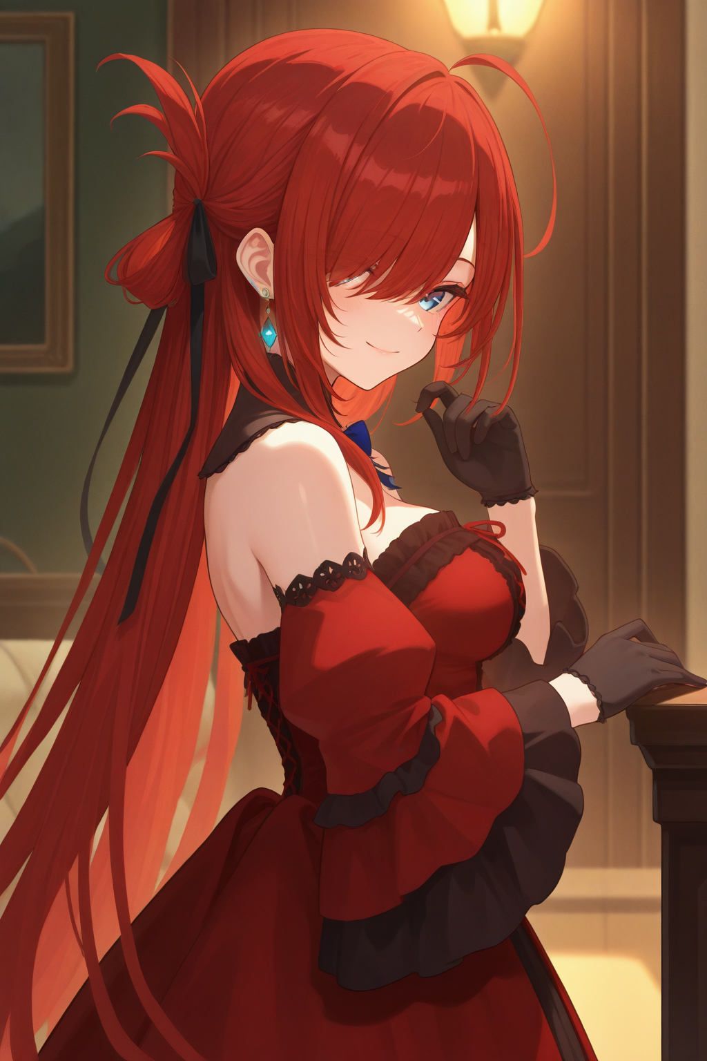 masterpiece, best quality, absurdres, safe <lora:riviere_IL:1>
1girl riviere
red dress, detached collar, detached sleeves, bare shoulders, long sleeves, jewelry, black gloves, wide sleeves, red sleeves
from side, looking at viewer, smile