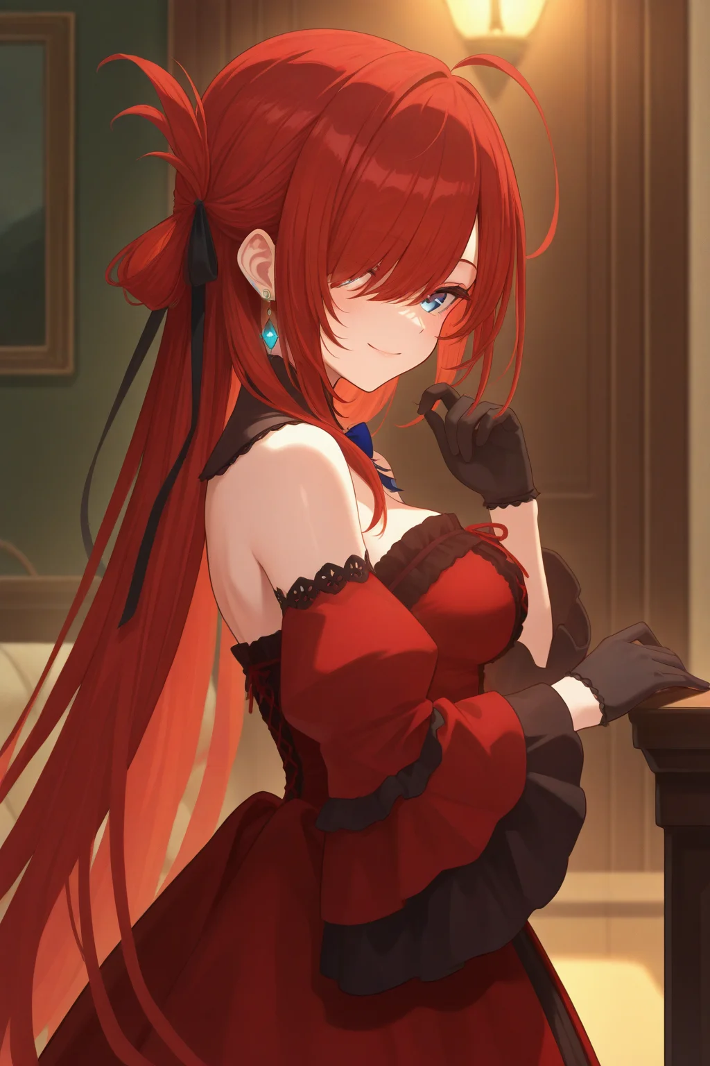 masterpiece, best quality, absurdres, safe <lora:riviere_IL:1>
1girl riviere
red dress, detached collar, detached sleeves, bare shoulders, long sleeves, jewelry, black gloves, wide sleeves, red sleeves
from side, looking at viewer, smile