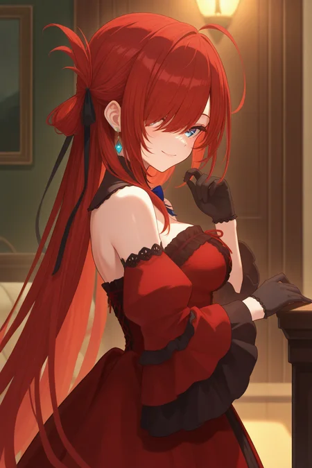 masterpiece, best quality, absurdres, safe <lora:riviere_IL:1>
1girl riviere
red dress, detached collar, detached sleeves, bare shoulders, long sleeves, jewelry, black gloves, wide sleeves, red sleeves
from side, looking at viewer, smile