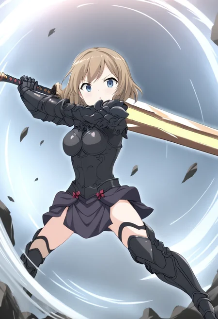1girl, 
incoming horizontal sword attack, 
black ornate skimpy armor, 
dynamic,
fantasy anime background,
 <lora:incoming-attack:1>