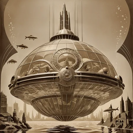 masterpiece, best quality, <lora:add-detail-xl:1> <lora:ArsMJStyle_-_Vintage_Future:0.8> ArtDecoVintageFuture An underwater Art Deco city dome, with vintage submersibles and merpeople in 1920s swimwear. Sepia tinted, emphasizing the vintage feel.
