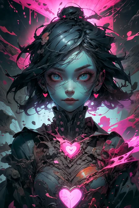 illustration, cartoon, soothing tones, calm colors, (solo:1.1), a digital arf of a undead girl, (pink, heart, love:1.1), wounds, (deathcore:1.2), mistery pink forest, extreme detail, morbid, paper texture, 2d, (pascal campion:0.38), vivid colors, (painting art:0.06), [eclectic:clear:0.8], slate atmosphere, cinematic, dimmed colors, dark shot, muted colors, film grainy, lut, spooky
<lora:more_details:0.4>
 <lora:Cosmic anime-oil fusion v2:0.45> 
<lora:AnimeVibesV3:0.3> animevibes, 
<lora:3DMM_V11:0.5> 3DMM 
<lora:midjourney_20230624181825:0.65> midjourney ,
 <lora:LAS:0.5> cloud,colorful,
<lora:msw_locon-t2:0.6>
 <lora:wuxia2:0.5> gu,
 <lora:CyberpunkStyleV1:0.2> PunkAI ,
<lora:CatgirlMaidV1.0-000003:0.6> CatgirlMaid, shiny, shiny hair, shiny skin, shiny clothes