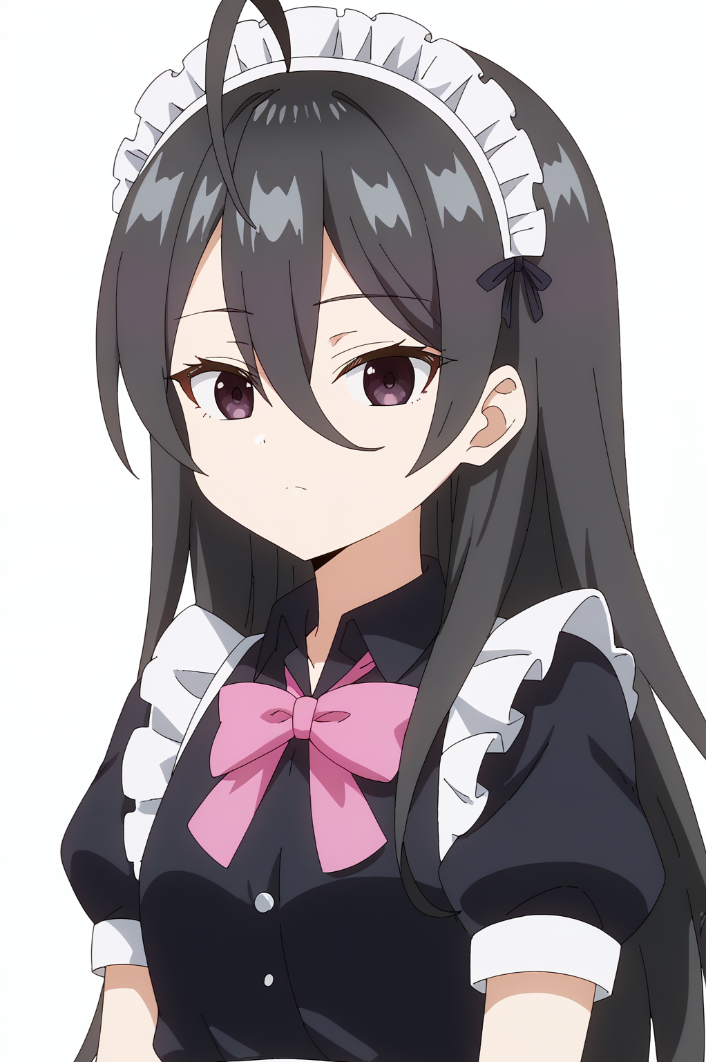 <lora:rttt:0.8>  white background, Ayano, solo, long hair, looking at viewer, black hair, bow, hair between eyes, closed mouth, upper body, ahoge, short sleeves, puffy sleeves, bowtie, black dress, black shirt, puffy short sleeves, maid, maid headdress, expressionless, pink bow, pink bowtie, anime coloring