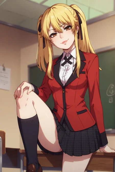 score_9, score_8_up, score_7_up, score_6_up, score_5_up, score_4_up, BREAK 1girl, solo,
<lora:MarySaotomeXL-v2-07:0.85>, ChopioMary, long hair, blonde hair, twintails, black hair ribbon, sidelocks, hair between eyes, brown eyes, lips, looking at viewer,
medium breasts, wide hips,
outfit_1, red blazer, white shirt, dress shirt, neck ribbon, pleated skirt, houndstooth, kneehighs, black socks, loafers, brown footwear,
classroom, standing, hand on knee, contrapposto, seductive smile, smug, knee up,