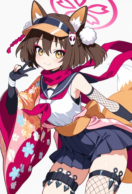 masterpiece, best quality, solo, curvy, beautiful eyes, narrow waist, wide hips, 1girl, solo, smile, looking at viewer,   zzIzuna, yellow eyes, fox ears, eyeshadow, hair between eyes, animal ear fluff, brown hair, hair ornament, medium hair, pink halo, pom pom hair ornament,  visor cap, black gloves, fishnet thighhighs, japanese clothes, neckerchief, partially fingerless gloves, pleated skirt, sailor collar, serafuku, single thighhigh, blue skirt, floral print, kunai, sleeveless, thigh holster, eyeshadow, pink scarf, shirt, hadanugi dousa, ninja, red scarf, wide sleeves,  <lora:KudaIzunaBlueArchive_IXL_v1:1.0>,  , smile, looking at viewer, cowboy shot,  <lora:HaradaTakehitoIXL_v3:0.8>, <lora:ZankuroIXLLight_v2:0.3>,