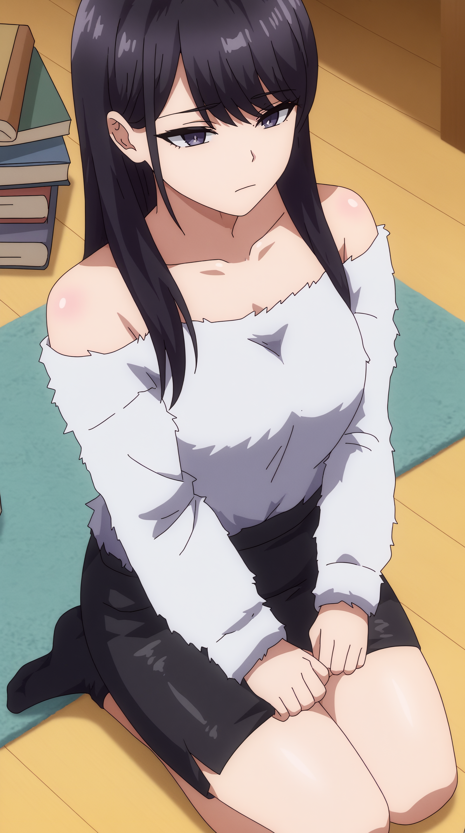 score_9, score_8_up, score_7_up,anime_source, source_anime, best background, detailed background, anime screencap, 4k, upscale,  Hikari Kuroda, skirt, closed mouth, sitting, solo, indoors, black skirt, off shoulder, sweater, book, kneeling, pencil skirt, from above, looking down, wooden floor, on floor, off-shoulder sweater  <lora:JN_Hikari_Kuroda_Pony:0.8>