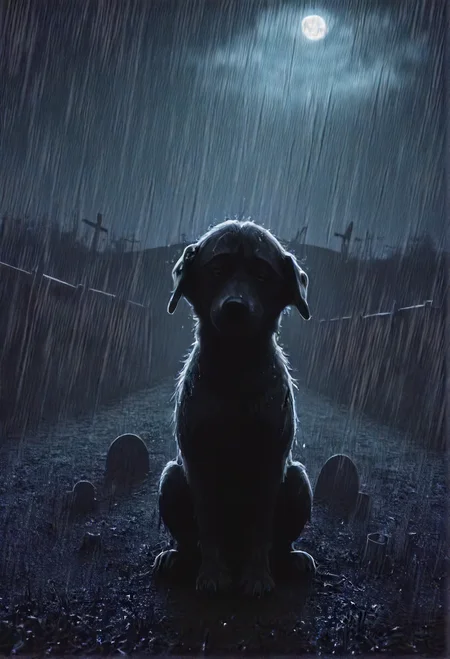 sad dog bidding farewell on a (grave:0.5) unknown, graveyard, dark, night, rain, serene, (realistic:1.1), highly detailed, atmospheric, sharp, wet fur, <lora:- SDXL - vanta_black_pony_V1.0:0.8> <lora:- SDXL - pony_random_stuff_V1.0-step00002500:0.8>
