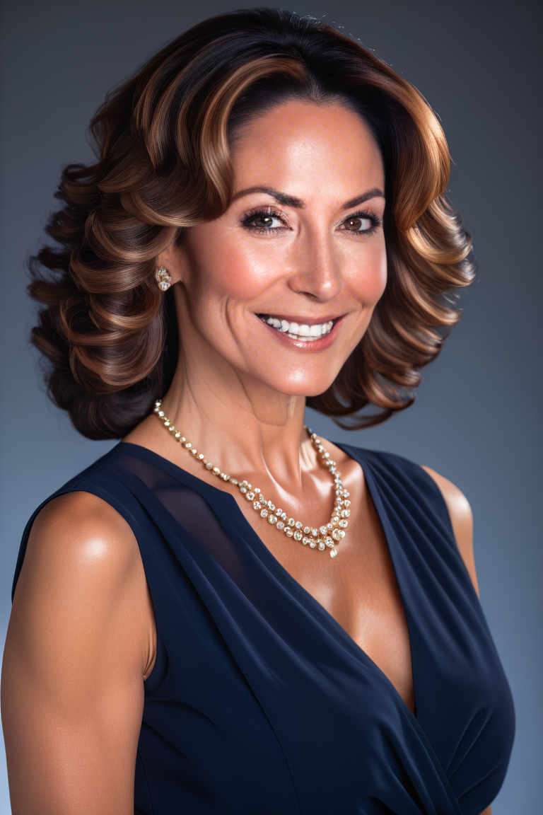 majmilfad, Professional LinkedIn-style headshot of a beautiful 40 year old woman, wearing a dark navy blue blouse, tasteful makeup and subtle jewelry, elegant curly long bob hairstyle, confident soft smile, smooth glowing skin, posed against a soft gray or gradient backdrop, studio lighting, shallow depth of field, highly detailed, photo-realistic portrait