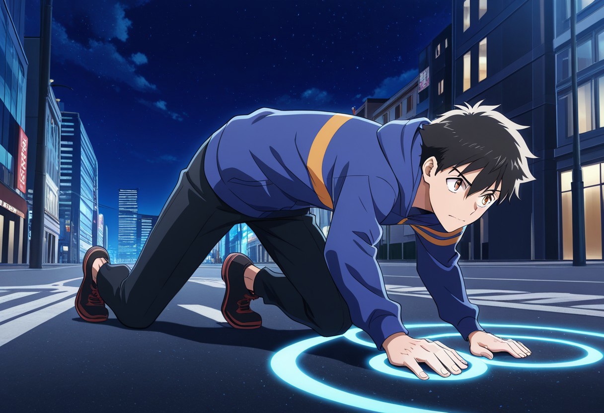 score_9, score_8_up, score_7_up, score_6_up, score_5_up, score_4_up, fullbody shot, score_9, score_8_up, tight clothes, source_anime, highly detailed, 1boy, solo, male_focus, Koichi Haimawari, blue hoodie, crawling, light trails on ground, glowing circles under hands, city street, nighttime, hands on ground
