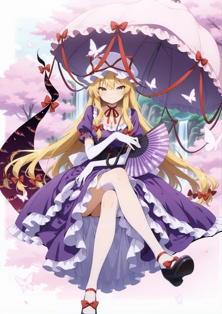 absurdres, highres, masterpiece, best quality, amazing quality, official anime artwork, screencap, anime screencap, looking at viewer, dynamic pose,
<lora:Yakumo-Yukari_Illustrious:1> yakumo yukari, 1girl, solo, blonde hair, yellow eyes, long hair, sidelocks,, mob cap, white headwear, hat ribbon, red ribbon, red bow, purple dress, elbow gloves, white gloves, puffy short sleeves, neck ribbon, frills,
light smile, umbrella, butterfly, day, gap (touhou), folding fan, waterfall,