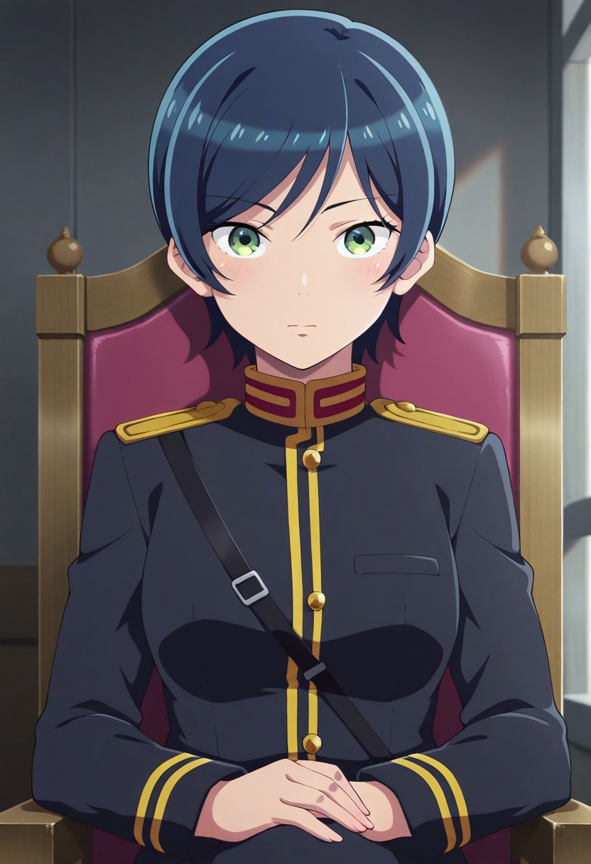 masterpiece,best quality,amazing quality, jinnouchi kaoruko, short hair, dark blue hair, green eyes, uniform, solo, military uniform, military, 1girl, chair