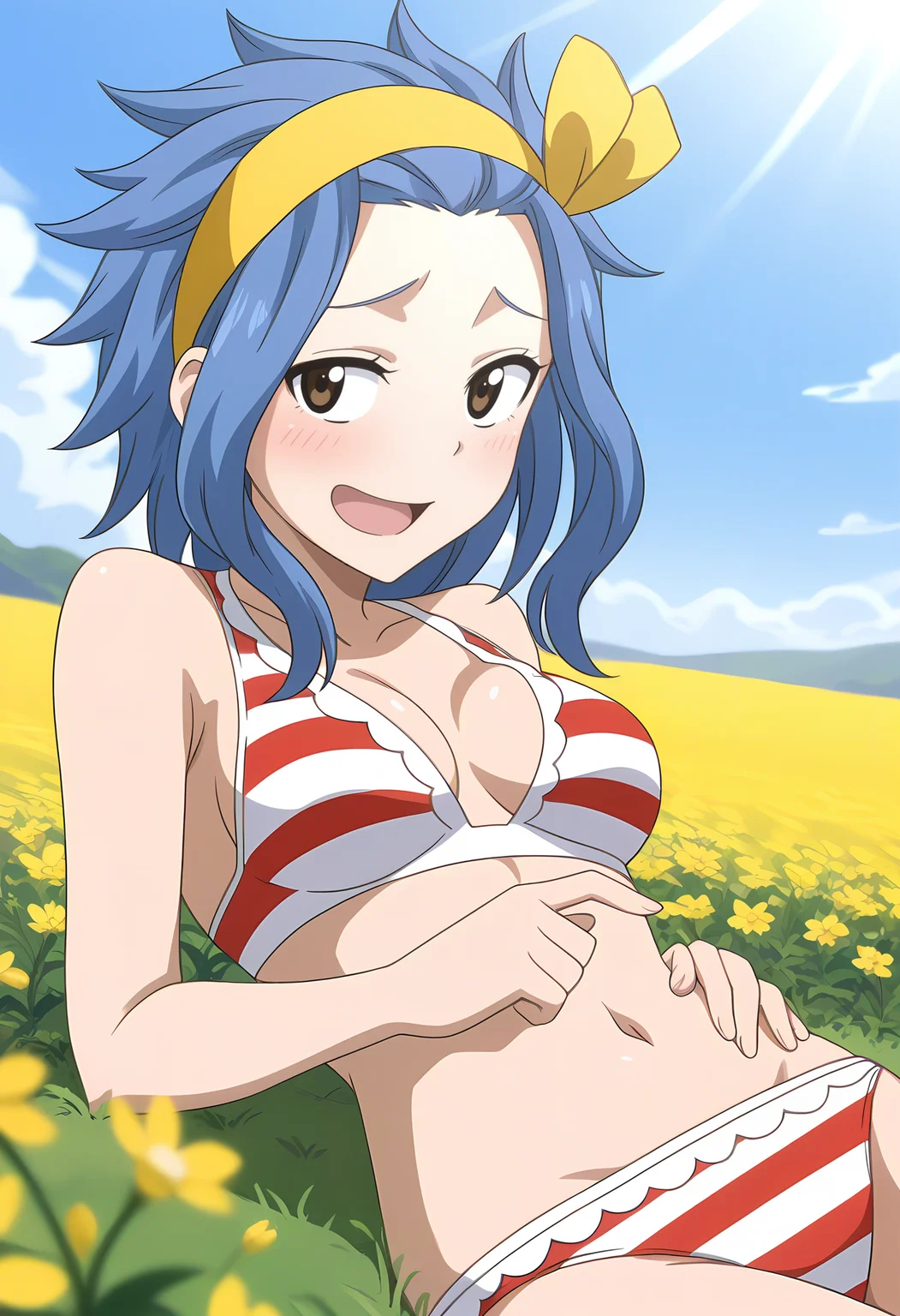 1girl, solo,
<lora:LevyMcGardenBikini_Illu_Dwnsty:1>, lvymcgrdswmtw, brown eyes, blue hair, medium hair, spiked hair, hair slicked back, sidelocks, yellow hairband, hair ribbon, yellow ribbon, striped bikini, frils, two-tone bikini, white bikini, red bikini, midriff, navel, frills,
shy, flustered, blush, naughty face, smile, happy, open mouth, half-closed eyes, lustful, excited, open mouth, sideways glance, reclining, crossed fingers, looking up, air quotes,
field, flowers, breeze, clouds, sunlight, open space, outdoors,
medium breasts, detailed face, detailed eyes, cowboy shot,
masterpiece, absurdres, amazing quality, aesthetic, newest,