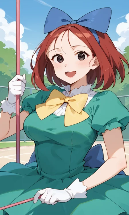 (1girl:1.5), (solo:1.3), (score_9, score_8_up, score_7_up, score_6_up, score_5_up, score_4_up), (source_anime), rating_questionable, looking at viewer, (upper body:1.3), outdoors, blue sky, school,
(shiwasu-mari), (black eyes, red hair, medium hair, parted bangs, parody hair), (large breasts), (smile, happy, open mouth, wide mouth), <lora:magical-mari-late_v1:0.8> (blue big hair bow, green dress, princess tutu, puffy short sleeves, yellow bowtie, white gloves, white bobby socks, blue footwear, mary janes), (holding wand), dancing,