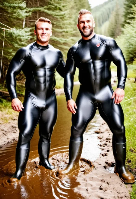 3men, full body  three 20yo handsome musclebear men, strong muscular, hairy men, strong side lighting, sharp focus, skin texture, extremely detailed, wearing wetsuit,  wearing rubber boots, strong body, lay on floor, open legs, in front of a small camping fire, in front of a camping tent, kissing, rubber boots, muddy, mud, mud on body, dirty rubber boots, thick thighs, 8k, uhd, realistic, photographic, hyperrealistic, open wide view angle, full body, see full body