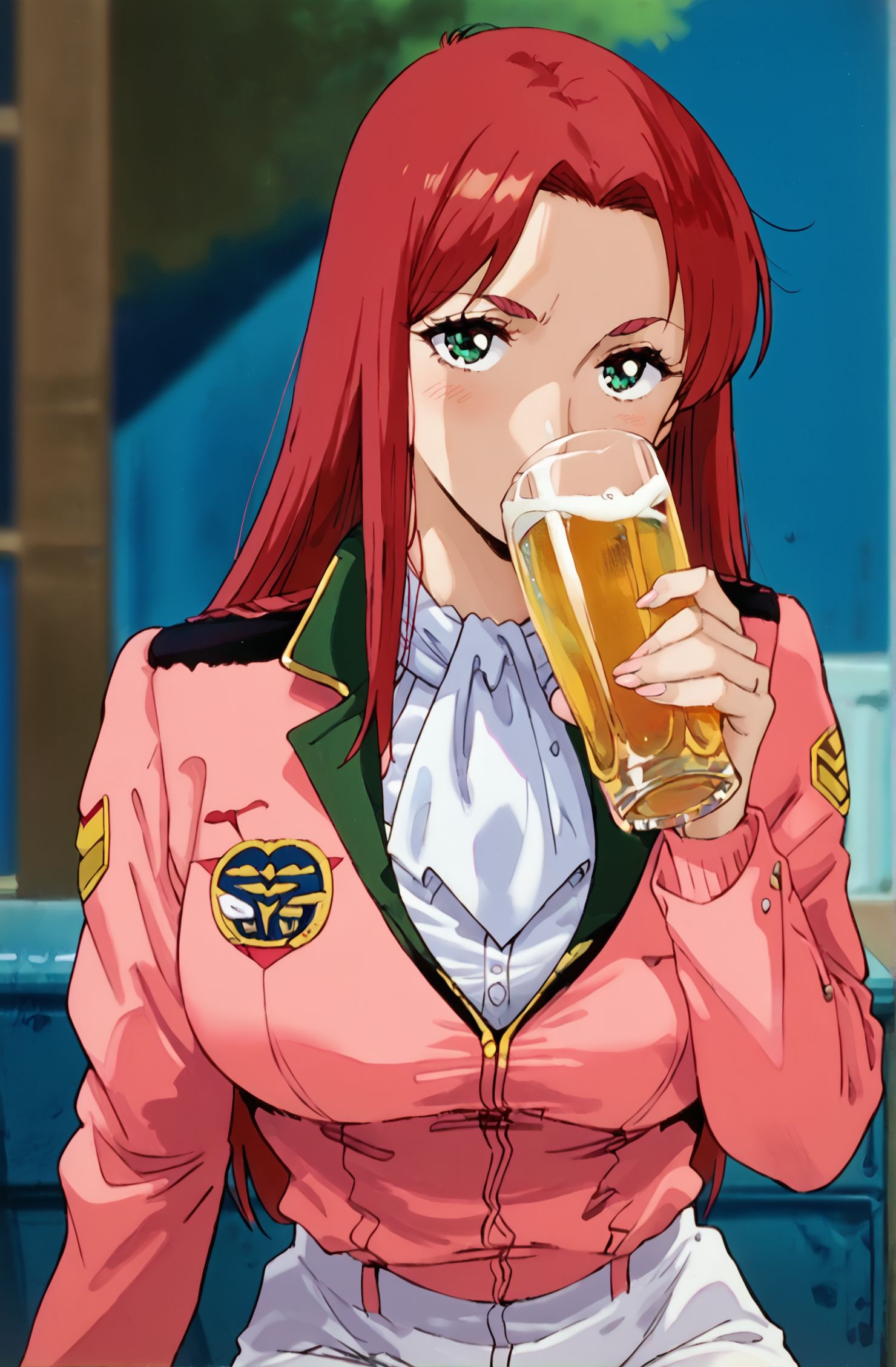 score_9, score_8_up, score_7_up, score_6_up, anime screencap, anime coloring, 
 1girl, sexy face, looking at viewer, [blush], (drinking beer), <lora:Drinking_Beer_Concept:0.8>
BREAK
<lora:G0080CM:0.9>, G0080CM,  (red hair female), green eyes, long hair, breasts,  BREAK  huge breasts,  military uniform, pink jacket, white ascot, white pants,