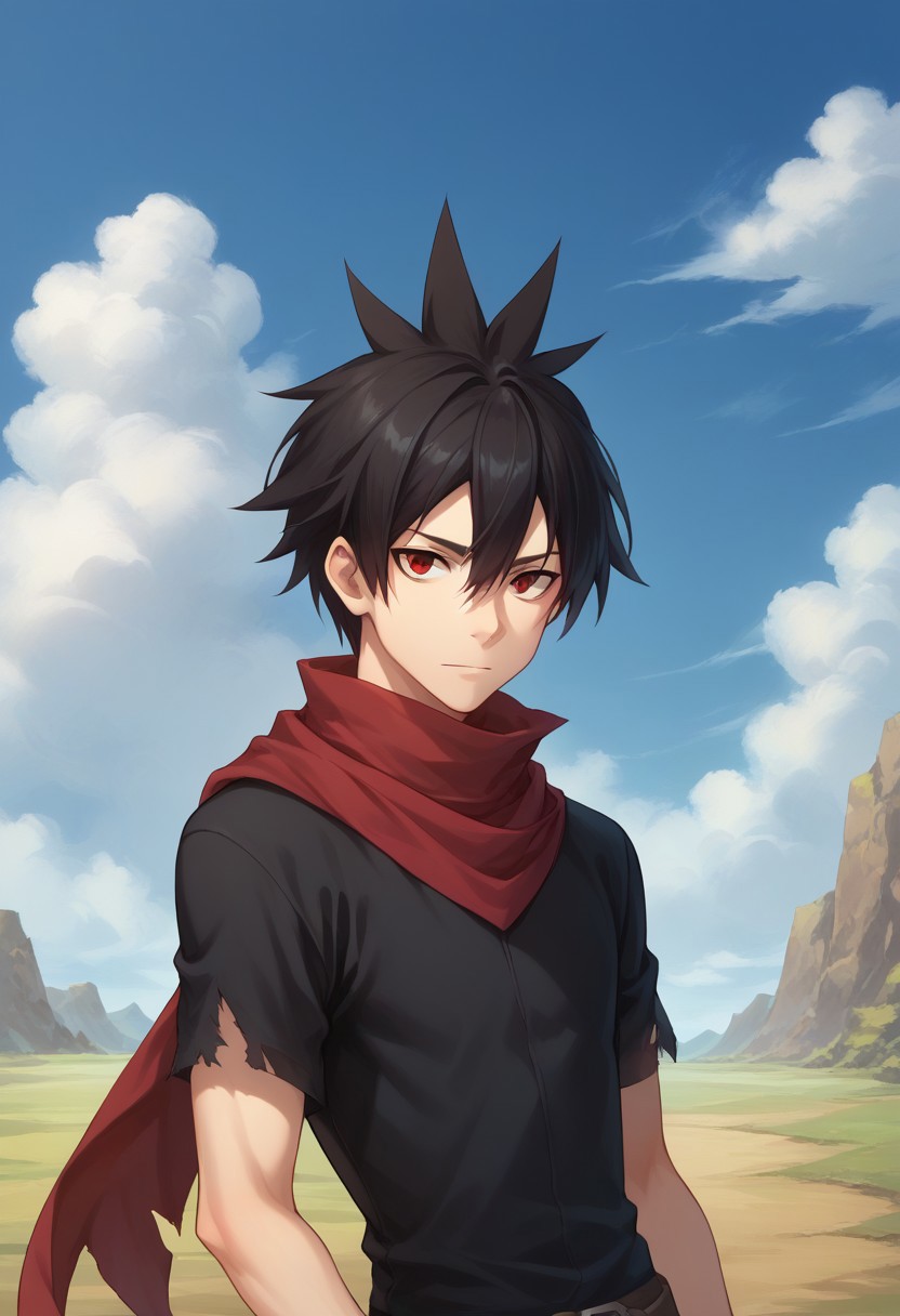 score_9, score_8_up, score_7_up, source_anime, highly detailed, 
rossen, 1boy, solo, male focus, red eyes black hair, scarf, sky, day, torn clothes, red scarf, cloud, blue sky,
outdoors, looking at viewer, upper body,