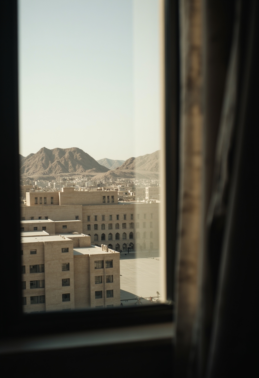 <lora:ck-dune-style_r1-000017:1>, ckdunestyle, ckmoviestyle, a streetview seen from inside a cafe, window view, urban desert city,