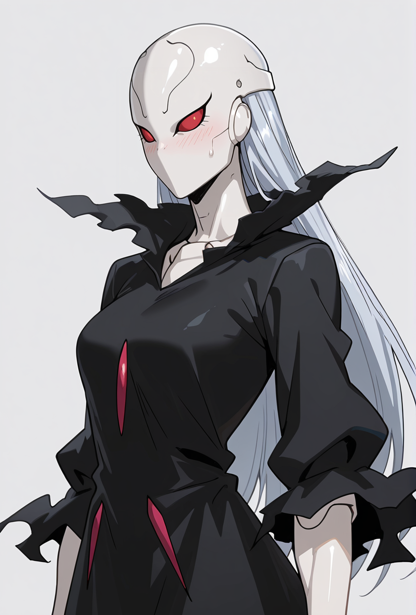 Smooth Quality,masterpiece,very intricate, high quality details, ultra realistic, high detailed skin,detailed enviorement,absurdres,
simple background, white background, 
from side,determined eyes, faint smile, confident blush, sweat,,solo,
 <lora:Berettacnn:0.8>  beretacnn,1girl, long hair,red eyes, (mask:1.1), black dress,silver hair, doll joints, no humans, no mouth,