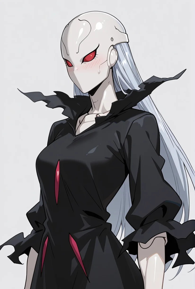 Smooth Quality,masterpiece,very intricate, high quality details, ultra realistic, high detailed skin,detailed enviorement,absurdres,
simple background, white background,
from side,determined eyes, faint smile, confident blush, sweat,,solo,
<lora:Berettacnn:0.8> beretacnn,1girl, long hair,red eyes, (mask:1.1), black dress,silver hair, doll joints, no humans, no mouth,