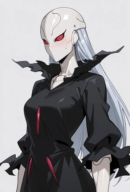 Smooth Quality,masterpiece,very intricate, high quality details, ultra realistic, high detailed skin,detailed enviorement,absurdres,
simple background, white background, 
from side,determined eyes, faint smile, confident blush, sweat,,solo,
 <lora:Berettacnn:0.8>  beretacnn,1girl, long hair,red eyes, (mask:1.1), black dress,silver hair, doll joints, no humans, no mouth,