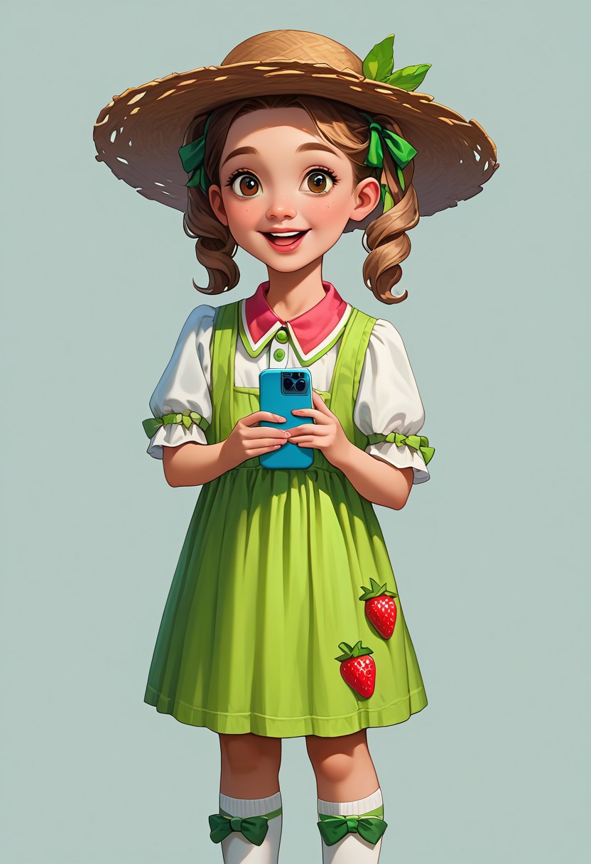 score_9, score_8_up, score_7_up, mgas, masterpiece, best quality, detailed eyes, detailed face, perfect eyes, high detailed, absurdres, highres, casual game art, mobile game art, merge 3 game art, character design, BREAK 1girl, kid, child, little girl, solo, pretty, smile, open mouth, teeth, medium hair with two pigtails, pigtail secured with a green elastic band at the end, bangs, large brown eyes, light brown straw hat with a green ribbon and bow, white blouse with elbow-length sleeves, green knee-length dress, strawberry badge on the right side of the chest, green shoes, white socks, BREAK holding the phone with two hands in front of her, taking pictures on her phone, standing, cowboy shot, semi-sideways, half-sideways, looking into the distance, BREAK simple background, gray background