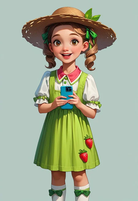 score_9, score_8_up, score_7_up, mgas, masterpiece, best quality, detailed eyes, detailed face, perfect eyes, high detailed, absurdres, highres, casual game art, mobile game art, merge 3 game art, character design, BREAK 1girl, kid, child, little girl, solo, pretty, smile, open mouth, teeth, medium hair with two pigtails, pigtail secured with a green elastic band at the end, bangs, large brown eyes, light brown straw hat with a green ribbon and bow, white blouse with elbow-length sleeves, green knee-length dress, strawberry badge on the right side of the chest, green shoes, white socks, BREAK holding the phone with two hands in front of her, taking pictures on her phone, standing, cowboy shot, semi-sideways, half-sideways, looking into the distance, BREAK simple background, gray background