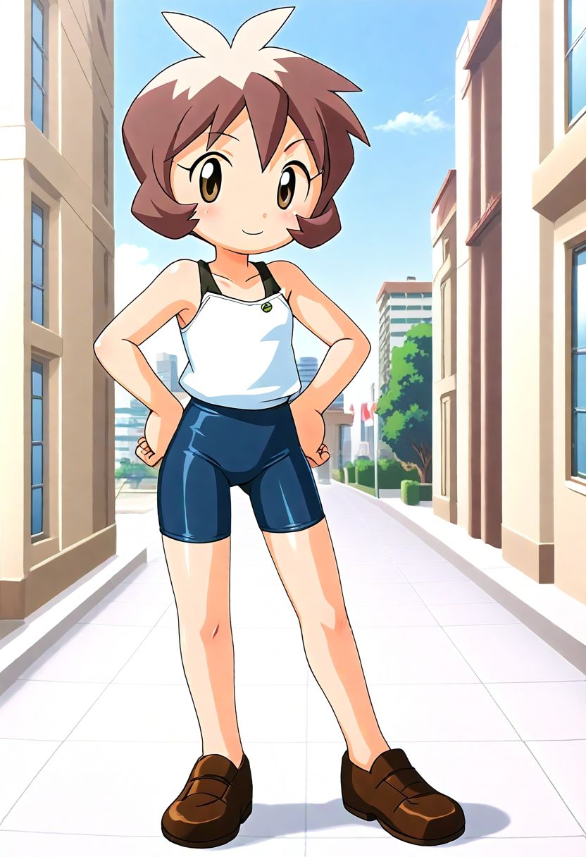 <lora:Hyper-SDXL-8steps-lora:1><lora:Fixhands_anime_bdsqlsz_V1:1>zPDXL2, score_9, score_8_up, score_7_up, source_anime, intricate details, perfect anatomy BREAK
1girl, solo, bj-shout, brown hair, short hair, antenna hair, brown eyes, white shirt, bare shoulders, black bike shorts, brown shoes,
upskirt, hands on hips, Flirty, A playful smile, arched eyebrows, and a slightly tilted head.,
outdoors, city, tokyo, japan,
 <lora:bj-shout_XL(pony)v10:0.9>