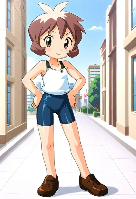 <lora:Hyper-SDXL-8steps-lora:1><lora:Fixhands_anime_bdsqlsz_V1:1>zPDXL2, score_9, score_8_up, score_7_up, source_anime, intricate details, perfect anatomy BREAK
1girl, solo, bj-shout, brown hair, short hair, antenna hair, brown eyes, white shirt, bare shoulders, black bike shorts, brown shoes,
upskirt, hands on hips, Flirty, A playful smile, arched eyebrows, and a slightly tilted head.,
outdoors, city, tokyo, japan,
<lora:bj-shout_XL(pony)v10:0.9>