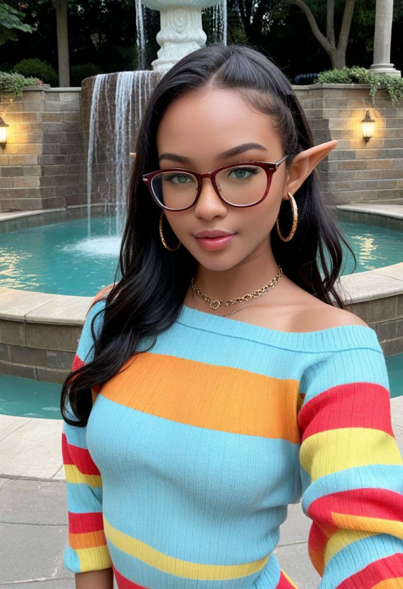 score_9, score_8_up, score_7_up, cinematic photo, beautiful college elf, chindopanlok, glasses, colourful multi-coloured dress sweater, navel, evening fountain, illuminated in a flood of luminous warm-toned lights, razor-sharp realism with shimmer detail and a seductive fashion editorial vibe, face focus, pointy ears, dynamic view