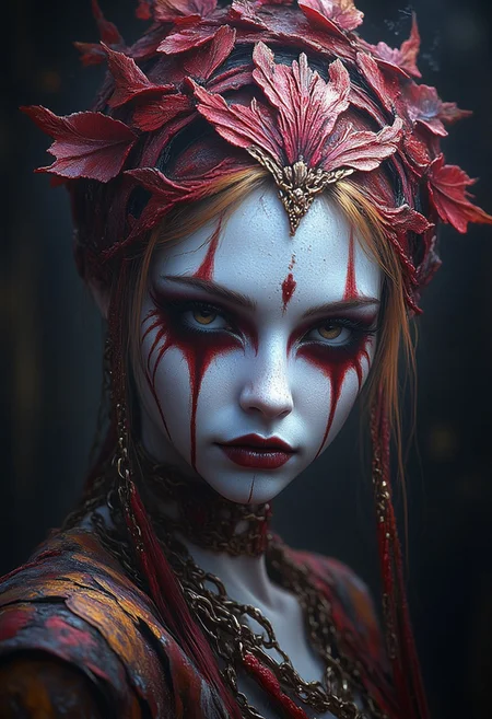 Contrast Colors, Hyperrealistic, Cinematographic Photography, Detailed, Best Quality, High Resolution, Intricate Details, Vivid Colors, Detailed Style Photography Hyperrealism oil painting portrait of a creepy yet beautiful mystical female creature, (((beautiful mystical female creature)))
perfection style, vivid colors, colorful, dark background, aidmaMJ6.1, FntsyPstlCE style, NewFantasyCore, ahx