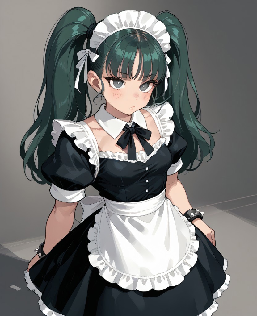 score_9, score_8_up, score_7_up, score_6_up, 1girl, solo, perfect hand, small_breasts ,muscular ,thin_hips ,maid_uniform ,very_long_hair ,green_hair ,gray_eyes ,twintails ,straight_hair ,bangs ,maid_headdress ,bracelet ,from_above ,evil ,posing