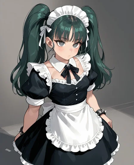 score_9, score_8_up, score_7_up, score_6_up, 1girl, solo, perfect hand, small_breasts ,muscular ,thin_hips ,maid_uniform ,very_long_hair ,green_hair ,gray_eyes ,twintails ,straight_hair ,bangs ,maid_headdress ,bracelet ,from_above ,evil ,posing