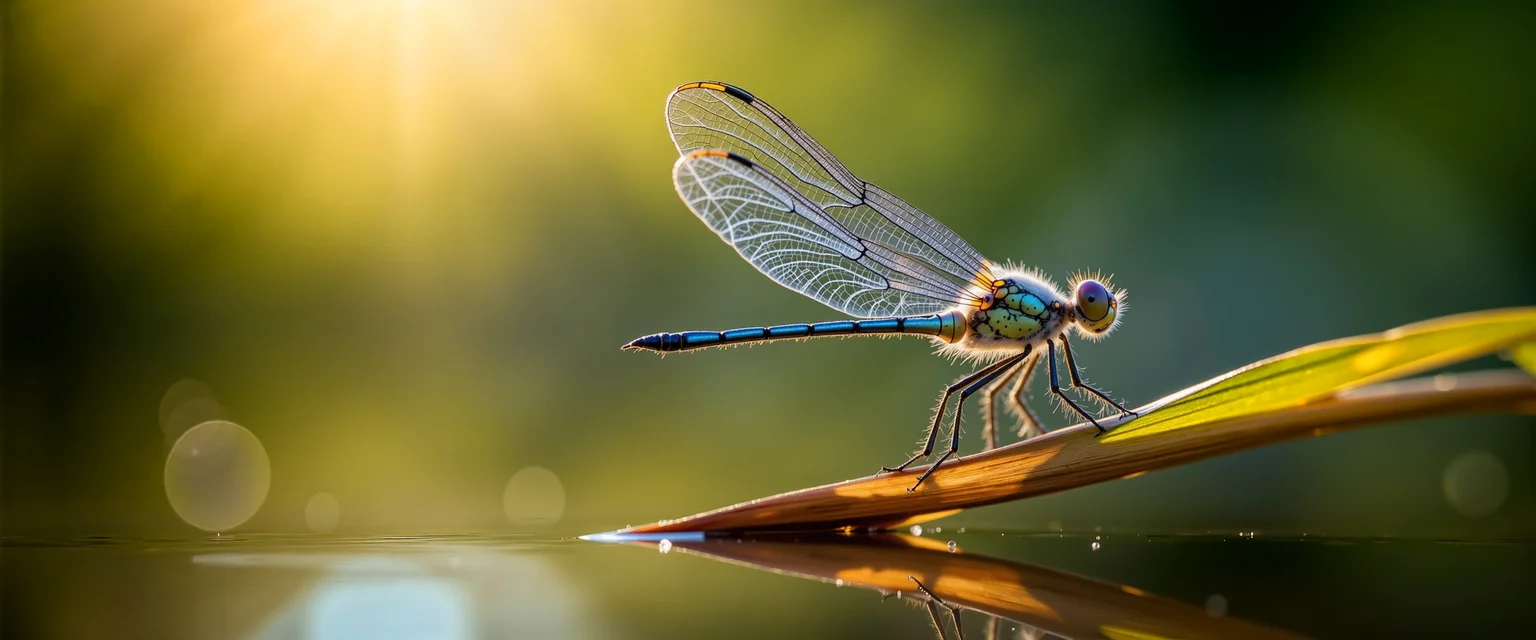 ultra-high-resolution, 8k, 4k, bokeh-macro, iridescence, ultra-high-resolution macro nature photography with shallow depth of field, very aesthetic, close-up macro photo of a shimmering dragonfly with six legs perched on the tip of a long curved blade of reed by the edge of a still pond, its wings extended and catching the sunlight like stained glass, the translucent membranes reveal fine lattice structures that glimmer with subtle iridescent hues of silver, blue-green, and violet, the surface of the pond lies quiet and mirror-like, reflecting soft sky tones and overhanging tree branches in a slightly rippled blur, creating the illusion of depth and tranquility, the background fades into a painterly defocus of mossy greens, hazy golds, and hints of warm sky blue, giving the image a dreamlike atmosphere and emphasizing the fragility of the dragonfly, the camera is angled at eye-level with the reed, offering a contemplative, naturalist perspective, as though observing through the lens of a field biologist at golden hour, lighting is gentle and natural, filtered through tree branches above, casting dappled sun patterns across the scene, catching highlights in the dragonflyâs wings and shimmering in the pondâs reflection, photographed with a high-end macro lens and natural light in the late afternoon, capturing crisp foreground textures and a soft atmospheric falloff, evoking serenity and precision in equal measure, ovg, photograph, <lora:bokeh_and_macro-flux-by_marielle:0.68>