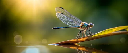 ultra-high-resolution, 8k, 4k, bokeh-macro, iridescence, ultra-high-resolution macro nature photography with shallow depth of field, very aesthetic, close-up macro photo of a shimmering dragonfly with six legs perched on the tip of a long curved blade of reed by the edge of a still pond, its wings extended and catching the sunlight like stained glass, the translucent membranes reveal fine lattice structures that glimmer with subtle iridescent hues of silver, blue-green, and violet, the surface of the pond lies quiet and mirror-like, reflecting soft sky tones and overhanging tree branches in a slightly rippled blur, creating the illusion of depth and tranquility, the background fades into a painterly defocus of mossy greens, hazy golds, and hints of warm sky blue, giving the image a dreamlike atmosphere and emphasizing the fragility of the dragonfly, the camera is angled at eye-level with the reed, offering a contemplative, naturalist perspective, as though observing through the lens of a field biologist at golden hour, lighting is gentle and natural, filtered through tree branches above, casting dappled sun patterns across the scene, catching highlights in the dragonflyâs wings and shimmering in the pondâs reflection, photographed with a high-end macro lens and natural light in the late afternoon, capturing crisp foreground textures and a soft atmospheric falloff, evoking serenity and precision in equal measure, ovg, photograph, <lora:bokeh_and_macro-flux-by_marielle:0.68>
