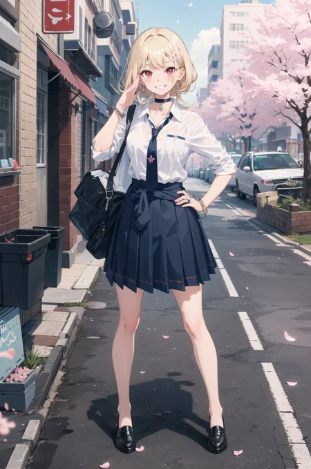 masterpiece, best quality, salute, hand on hip, full body,
1girl, bangs, black choker, black necktie, blonde hair, blue skirt, blush, bracelet, breasts, choker, clothes around waist, collarbone, collared shirt, cowboy shot, dress shirt, ear piercing, eyebrows visible through hair, gradient hair, grin, gyaru, jewelry, kogal, long hair, looking at viewer, loose necktie, necktie, piercing, plaid, plaid skirt, pleated skirt, red eyes, ring, school uniform, shirt, skirt, smile, solo, white shirt,
street, sky, cherry blossoms, petals,