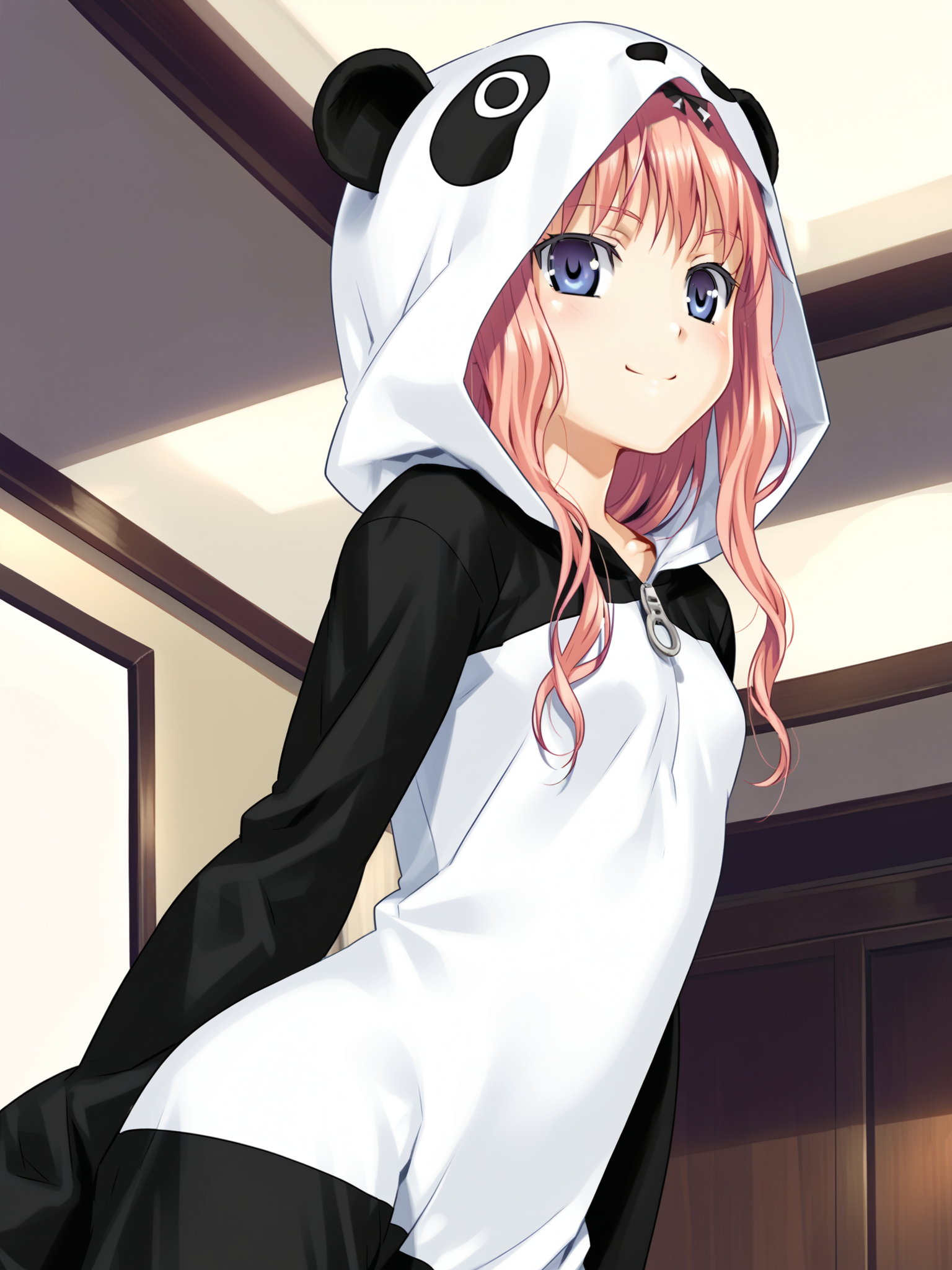 <lora:happy_tentacle-cecile-v0.1-000039:0.9>, ht_cecile, animal costume, animal hood, pajamas, panda hood , 1girl, solo, cowboy shot, thighs , wide-eyed , ( smile :1.1), , looking at viewer , standing , from behind , score_9, score_8_up, score_7_up, score_6_up, score_5_up, score_4_up