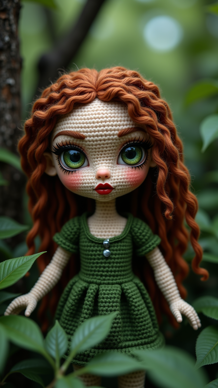 amigurumi of a A woman with long, curly brown hair and piercing green eyes gazes intently at her face as she moves through the dark forest. Her skin is smooth and shiny, Colorful, aidmafluxproultra