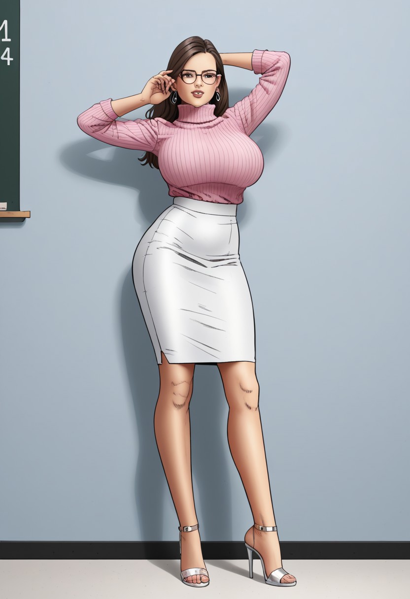 1girl solo full frame image
score_9, score_8_up, score_7_up, (chiaroscuro lighting) source_cartoon, f3rn4nd0, (line art), full frame image
gorgeous 22 year old busty teacher standing, skinny, long flowing brown hair, earrings, (glasses:1.3),(thin rimmed glasses), wearing a tight short pale pink turtleneck sweater with cutouts, massive breasts, ultra low waist tight very short white skirt, smooth thighs, perfect legs, silver anklets on feet, ultra high heeled sandals, on plain white floor, full body shot, Detailed natural skin and blemishes without-makeup and acne, BREAK, standing in front of a blackboard, math equations on the blackboard
dynamic pose, sexy pose, seductive pose, right arm and left arm in different poses, dynamic angle, anatomically accurate, full frame image, body is turned 30 degrees, Full frame image. plain white background
Full frame image,