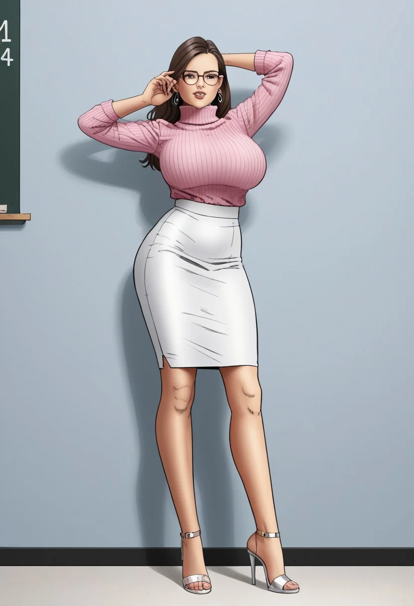 1girl solo full frame image
score_9, score_8_up, score_7_up, (chiaroscuro lighting) source_cartoon, f3rn4nd0, (line art), full frame image
gorgeous 22 year old busty teacher standing, skinny, long flowing brown hair, earrings, (glasses:1.3),(thin rimmed glasses), wearing a tight short pale pink turtleneck sweater with cutouts, massive breasts, ultra low waist tight very short white skirt, smooth thighs, perfect legs, silver anklets on feet, ultra high heeled sandals, on plain white floor, full body shot, Detailed natural skin and blemishes without-makeup and acne, BREAK, standing in front of a blackboard, math equations on the blackboard
dynamic pose, sexy pose, seductive pose, right arm and left arm in different poses, dynamic angle, anatomically accurate, full frame image, body is turned 30 degrees, Full frame image. plain white background
Full frame image,