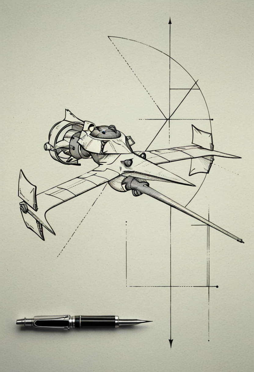 7-swordfish schematic, 7-fineline, elegant line art, lithography, fine line, drawing, technical drawing, rectange, peeking out of rectangle, triangles