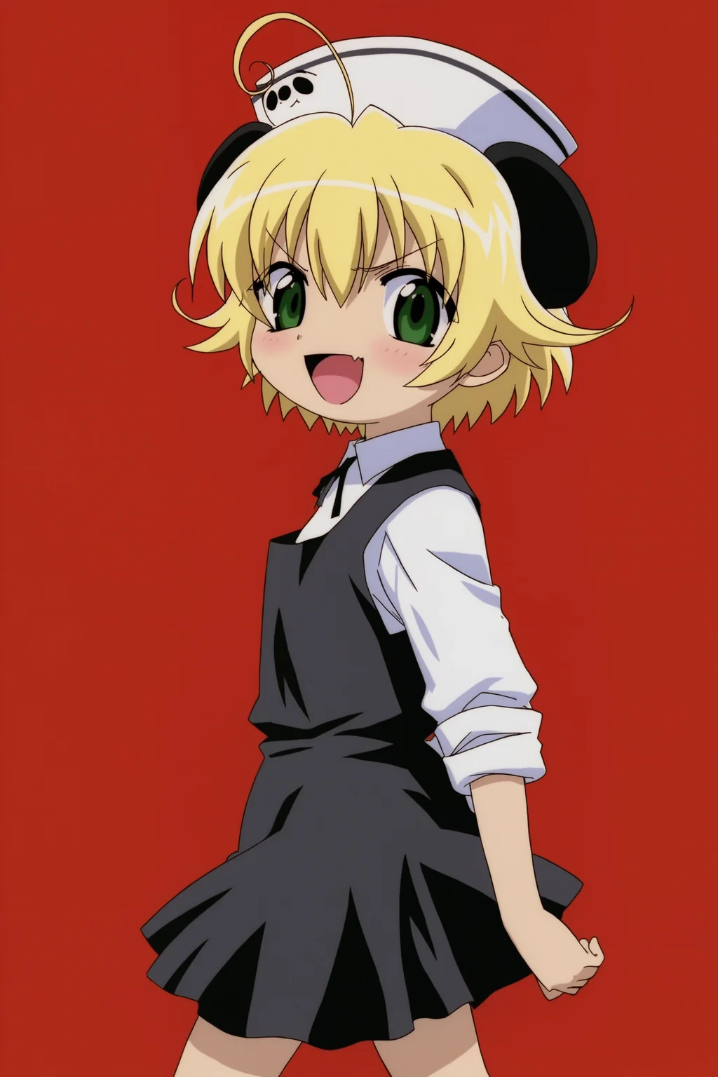 digicharatspecial, piyoko, 1girl, solo, short hair, blonde hair, hat, animal ears, green eyes, ahoge, maid, maid headdress, panda ears, looking at viewer, white shirt, collared shirt, black skirt, miniskirt, sleeves rolled up, walking, simple background, red background, from side, skin fangs, upper body, light blush, (frown, evil smile), open mouth,
(masterpiece, best quality, absurdres, highres), very awa,