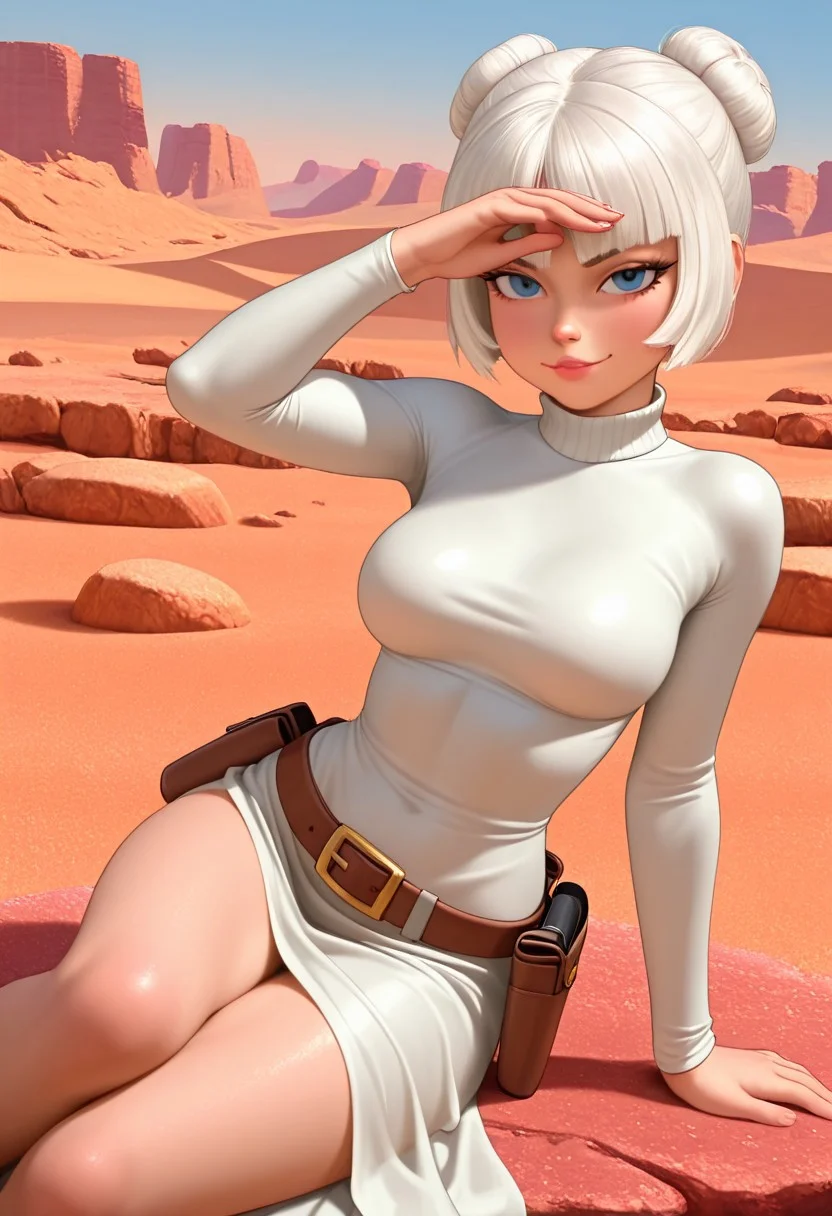 , taffytawir, 18 years old, white hair, bangs covering forehead, blue eyes, short hair,PRINCESS LEIA hair buns,   bedroon eyes, seductive expression,  sexy pose, sexy legs, sexy, sitting, laying down, on rock, long white gown, smooth gown,  white turtleneck,  brown utility belt, holster, belt pouches, medium breasts,   desert background, solo,  masterpiece,best quality,amazing quality, athletic body, looking at viewer, dutch angle