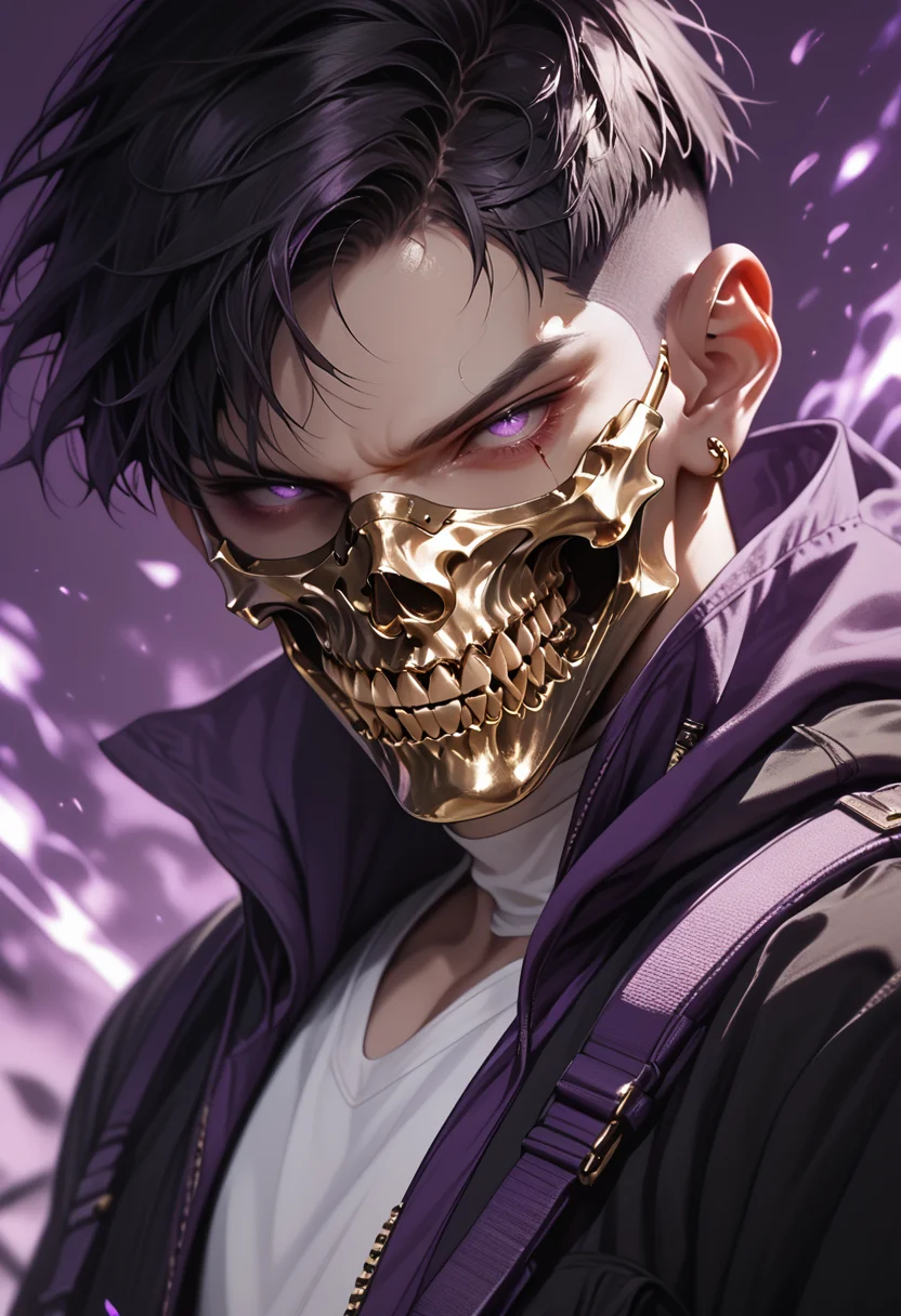 (score_9, score_8_up), score_7_up, 1boy, mouth mask, mask, blood, purple theme, belt, black jacket, white shirt, fangs, solo, crew cut, black hair, skull, shiny, gold, hood up, hoodie,
Depth of field, blurring background, cinematic lighting
<lora:masky-000009:0.8>