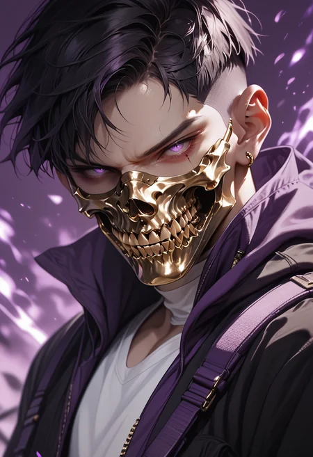 (score_9, score_8_up), score_7_up, 1boy, mouth mask, mask, blood, purple theme, belt, black jacket, white shirt, fangs, solo, crew cut, black hair, skull, shiny, gold, hood up, hoodie,
Depth of field, blurring background, cinematic lighting
<lora:masky-000009:0.8>